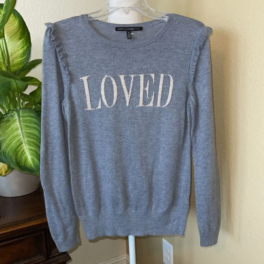 White House Black Market Gray Loved Ruffle Intarsia Sweater Pullover Small